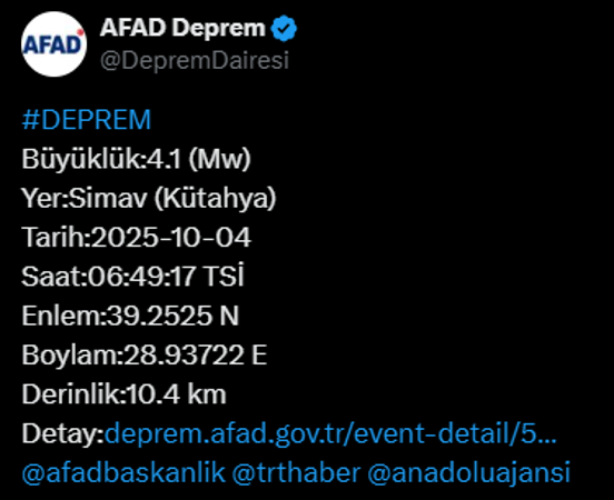 Kütahyada sabah saatlerinde 4.1lik deprem AFADdan açıklama