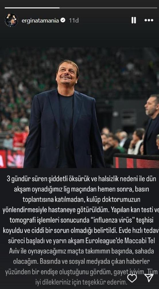 Ergin Ataman: Influenza virüs teşhisi konuldu, gayet iyiyim