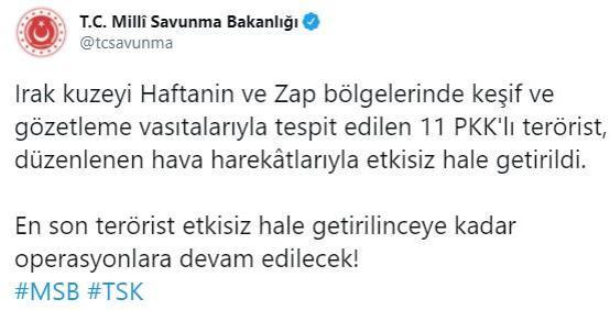 Son dakika... Haftanin ve Zapta 11 PKKlı etkisiz hale getirildi