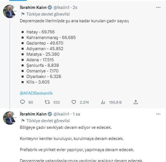 Cumhurbaşkanlığı Sözcüsü Kalın, deprem bölgesinde kurulan çadır sayısını açıkladı