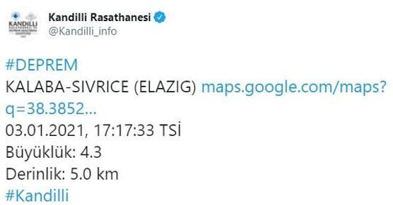 Son dakika... Elazığ Sivricede 4.2 büyüklüğünde deprem