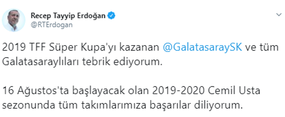 Cumhurbaşkanı Erdoğandan Galatasaraya tebrik