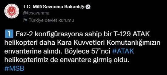 MSB, ilk olma özelliğini taşıyor diyerek paylaştı 57. ATAK helikopteri envantere girdi