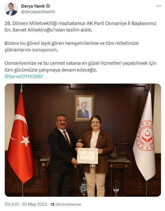 Aile ve Sosyal Hizmetler Bakanı Yanık, mazbatasını aldı