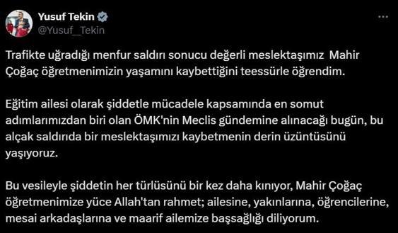 Bakan Tekinden, öğretmen Mahir Çoğaç için taziye mesajı