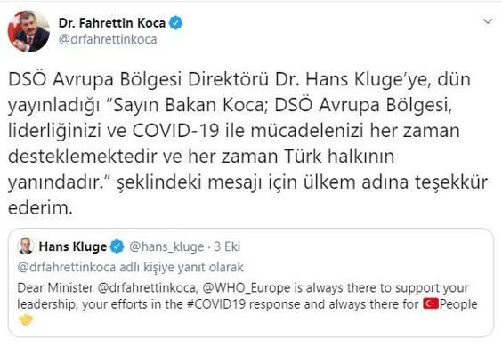 Sağlık Bakanı Kocadan DSÖ Avrupa Direktörü Klugeye teşekkür mesajı