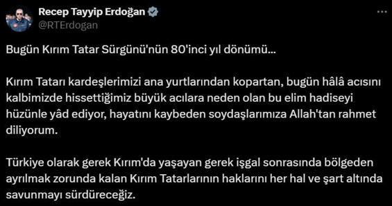 Cumhurbaşkanı Erdoğandan Kırım Tatar Sürgünü mesajı