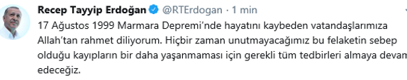 Cumhurbaşkanı Erdoğandan Marmara Depremi mesajı