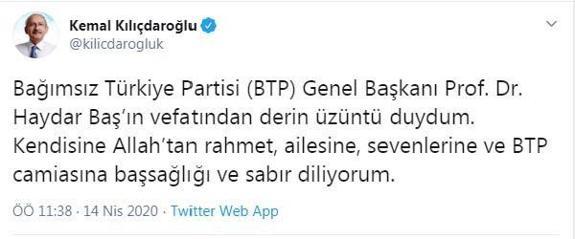 Kılıçdaroğlundan BTP Genel Başkanı Baş için başsağlığı mesajı