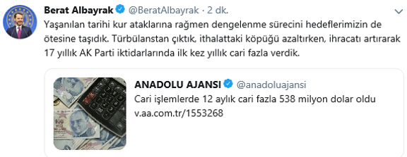 Bakan Albayrak: İlk kez yıllık cari fazla verdik