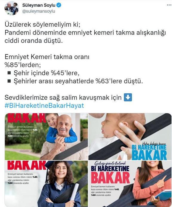 İçişleri Bakanı Süleyman Soyludan emniyet kemeri uyarısı