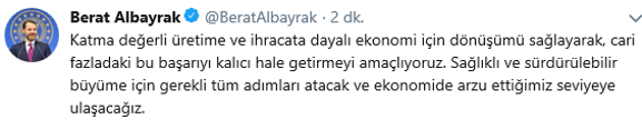 Bakan Albayrak: İlk kez yıllık cari fazla verdik