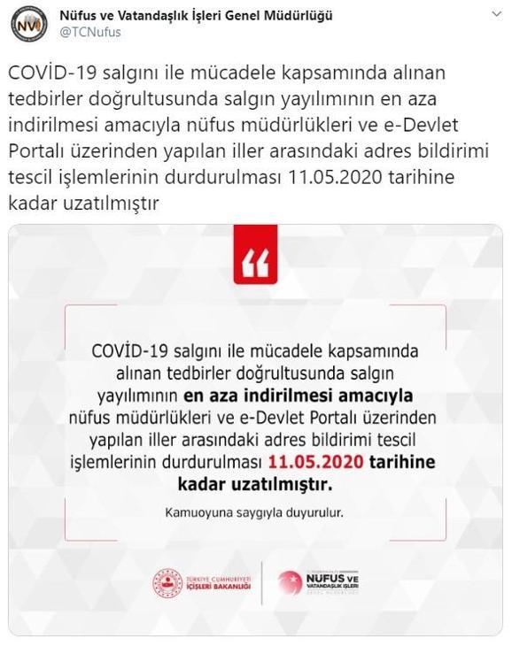 İller arası adres bildirimi tescil işlemleri 11 Mayısa kadar durduruldu