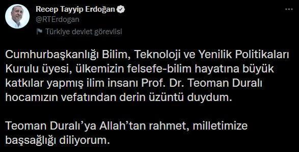 Son dakika... Cumhurbaşkanı Erdoğandan Teoman Duralı için taziye