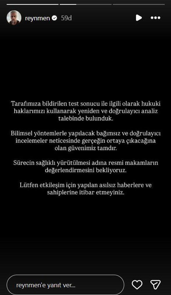 Uyuşturucu testi pozitif çıkan Reynmenden yeni açıklama