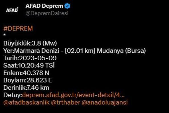 Marmara Denizinde 3.8 büyüklüğünde deprem AFADdan açıklama