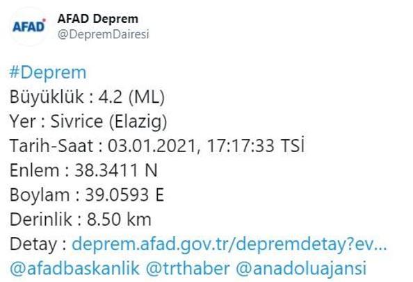Son dakika... Elazığ Sivricede 4.2 büyüklüğünde deprem