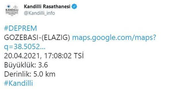 Elazığda 3.6 büyüklüğünde deprem Kandilliden açıklama yapıldı