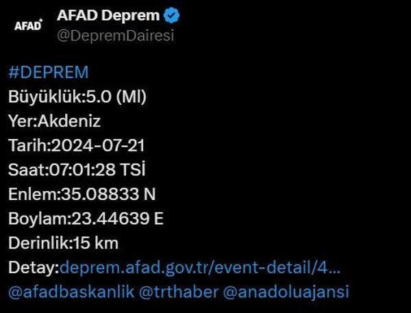 Akdenizde 5 büyüklüğünde deprem