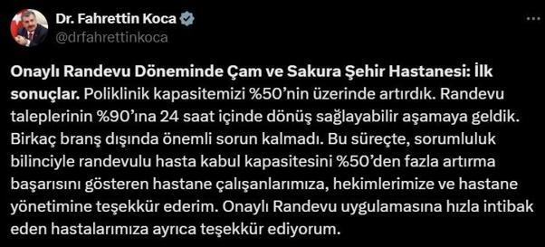 Bakan Kocadan Onaylı Randevu Sistemi paylaşımı