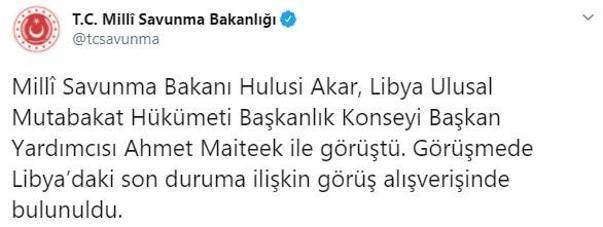 Bakan Akar, Libya UMH Başkanlık Konseyi Başkan Yardımcısı Maiteek ile görüştü