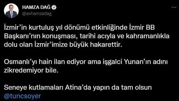 Hamza Dağdan Tunç Soyere: Seneye kutlamaları Atina’da yapın da tam olsun