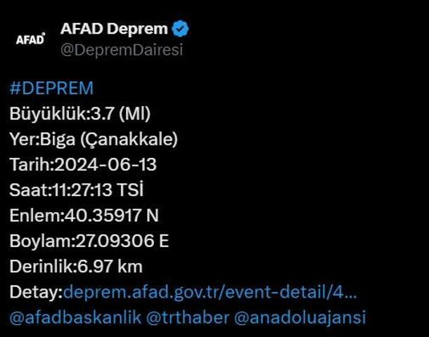 Çanakkale Bigada deprem AFAD ve Kandilliden ilk açıklama