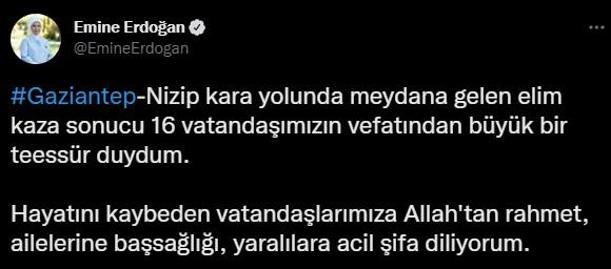 Emine Erdoğandan kazada vefat edenler için taziye