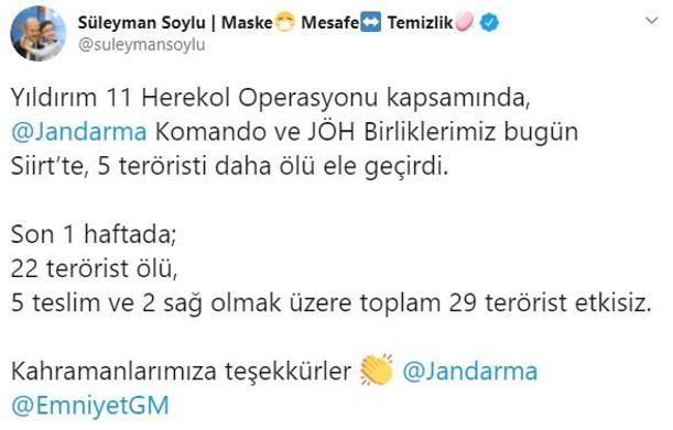 Son dakika... Bakan Soylu duyurdu 5 terörist daha öldürüldü