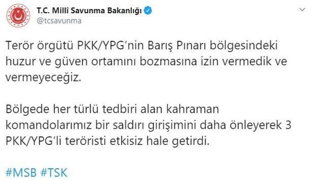 Son dakika... Barış Pınarı bölgesinde sıcak çatışma 3 PKKlı etkisiz hale getirildi