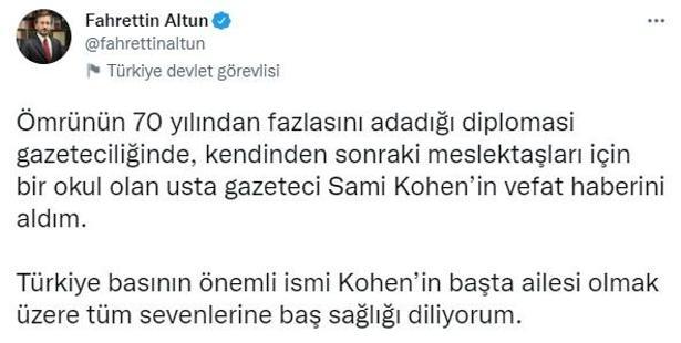 İletişim Başkanı Fahrettin Altundan Sami Kohen için taziye