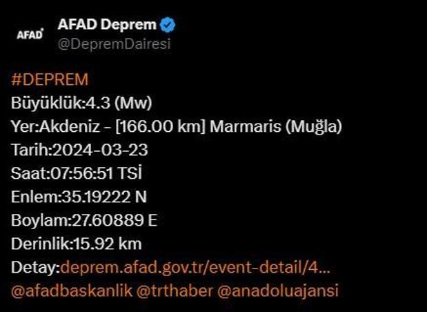 Muğla açıklarında 4.3lük deprem AFAD ve Kandilliden son dakika açıklamaları
