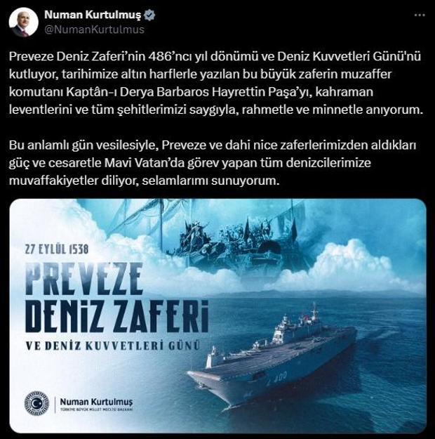 TBMM Başkanı Kurtulmuştan Preveze Deniz Zaferi mesajı