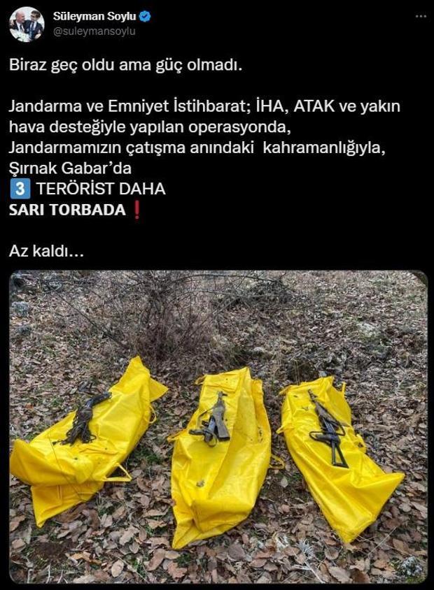 Bakan Soylu Şırnaktaki operasyonun detaylarını paylaştı: 3 PKKlı daha sarı torbada