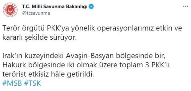 MSB: 3 PKKlı terörist etkisiz hale getirildi