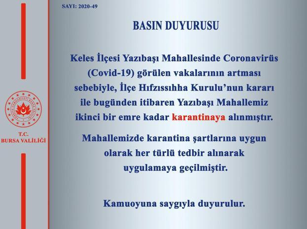 Bursa Valiliği açıkladı Bir köy karantinaya alındı