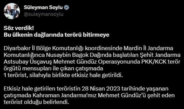 Bakan Soylu duyurdu Jandarma Mehmet Gündüzü şehit eden terörist öldürüldü