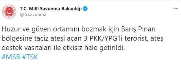 Son dakika... Barış Pınarı bölgesinde 3 terörist etkisiz hale getirildi