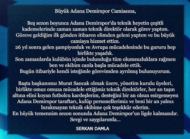 Adana Demirsporda Teknik Sorumlu Serkan Damla görevini bıraktı