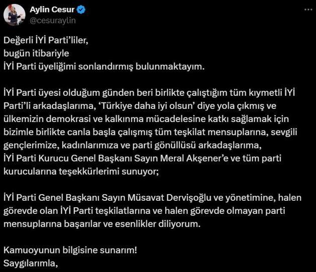 İYİ Partide deprem Aylin Cesur partiden istifa etti