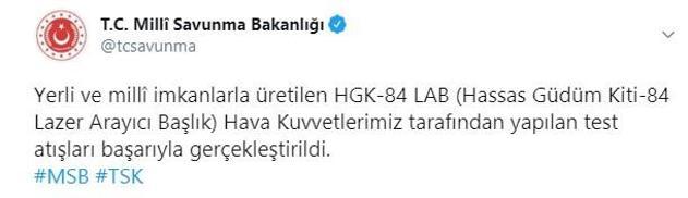 Son dakika: MSB duyurdu: Hassas Güdüm Kiti-84 Lazer Arayıcı Başlıkın test atışları başarıyla gerçekleştirildi