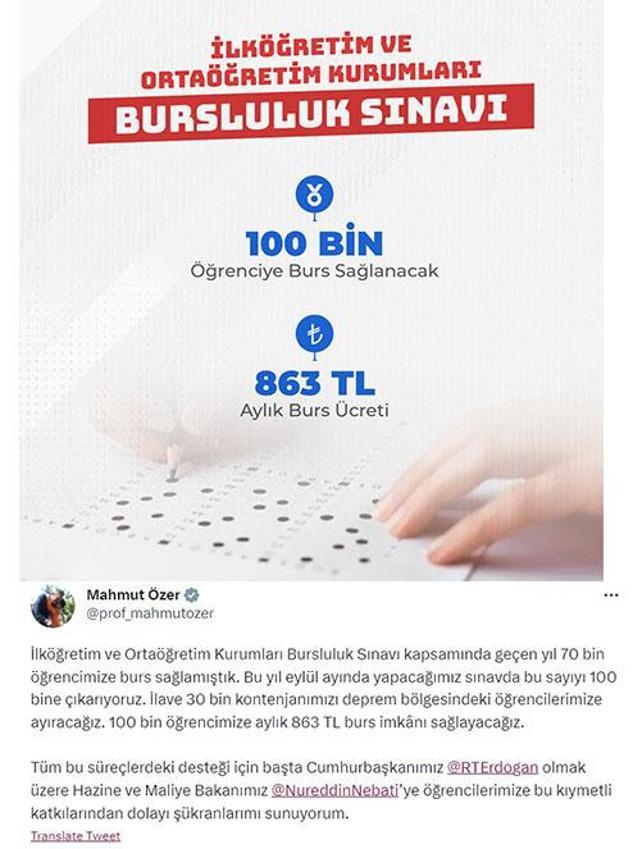 Bakan Özer duyurdu 100 bin öğrenciye aylık 863 TL burs vereceğiz