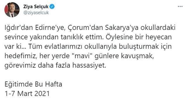 Son dakika haberi: Milli Eğitimin Bakanı Ziya Selçuktan flaş yüz yüze eğitim paylaşımı