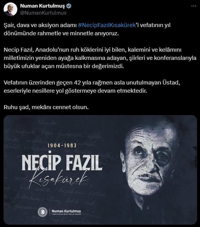 TBMM Başkanı Kurtulmuş, Necip Fazıl Kısaküreki andı: