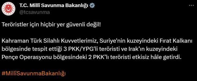 MSB açıkladı İki bölgede 5 PKKlı etkisiz hale getirildi