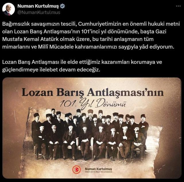 TBMM Başkanı Kurtulmuştan Lozan Barış Antlaşması paylaşımı