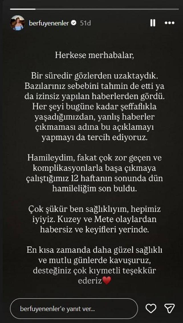 Bir süredir ortalarda yoktu Berfu Yenenler bebeğini kaybettiğini duyurdu