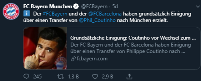 Bayern Münih, Coutinhoyu kiraladı