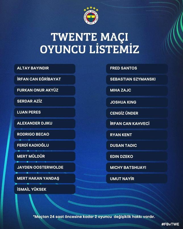 Fenerbahçenin Twente maçı oyuncu listesi belli oldu Cengiz Ünder ve Fred...