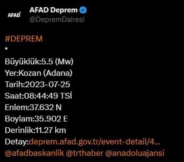 Adanada 5.5 büyüklüğünde deprem